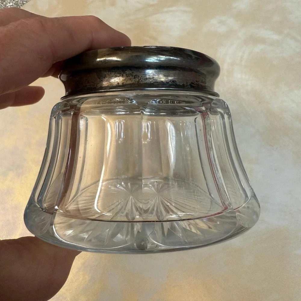 Antique Edwardian Cut Crystal‎ Powder Jar | Sterling Silver Lid Vanity Decor